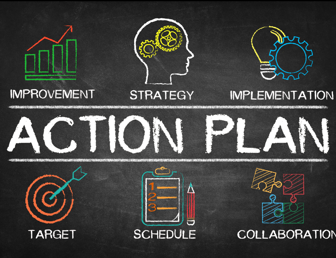 Chalkboard with the words Action Plan, target, implantation, research, improvement, and collaboration