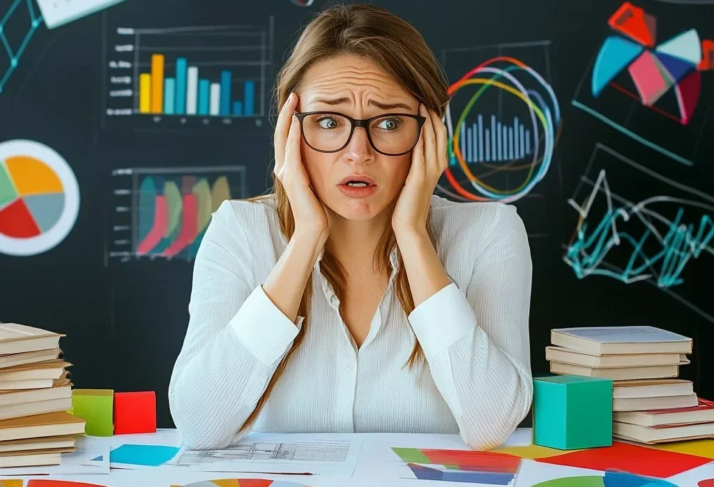 Stressed Female Office Worker with icons all around her.