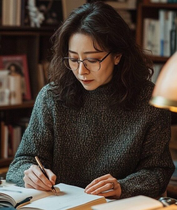 In a cozy, well-appointed study filled with books, a woman sits at a desk, deeply engrossed in writing. Her glasses slightly magnify her focused eyes as she pens thoughts into a notebook. The soft glow from the table lamp creates a warm ambiance, highlighting her concentration and the quiet atmosphere of the room. Surrounded by shelves packed with literature, she seems completely absorbed in her task, her expression one of intense reflection and creativity.