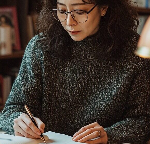 Woman journaling in a cozy study, surrounded by books, as she reflects on prompts to help plan her ideal life.