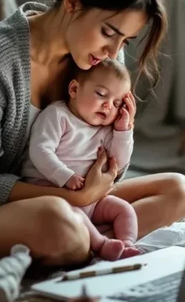 A mother and her baby over her laptop